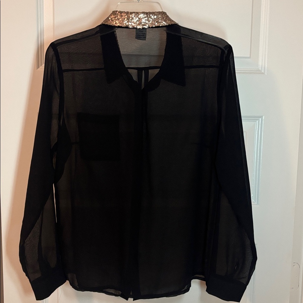 Pinky Black Sheer Shirt w/Gold Sequin Collar SZ L transparent party night out - Picture 2 of 14